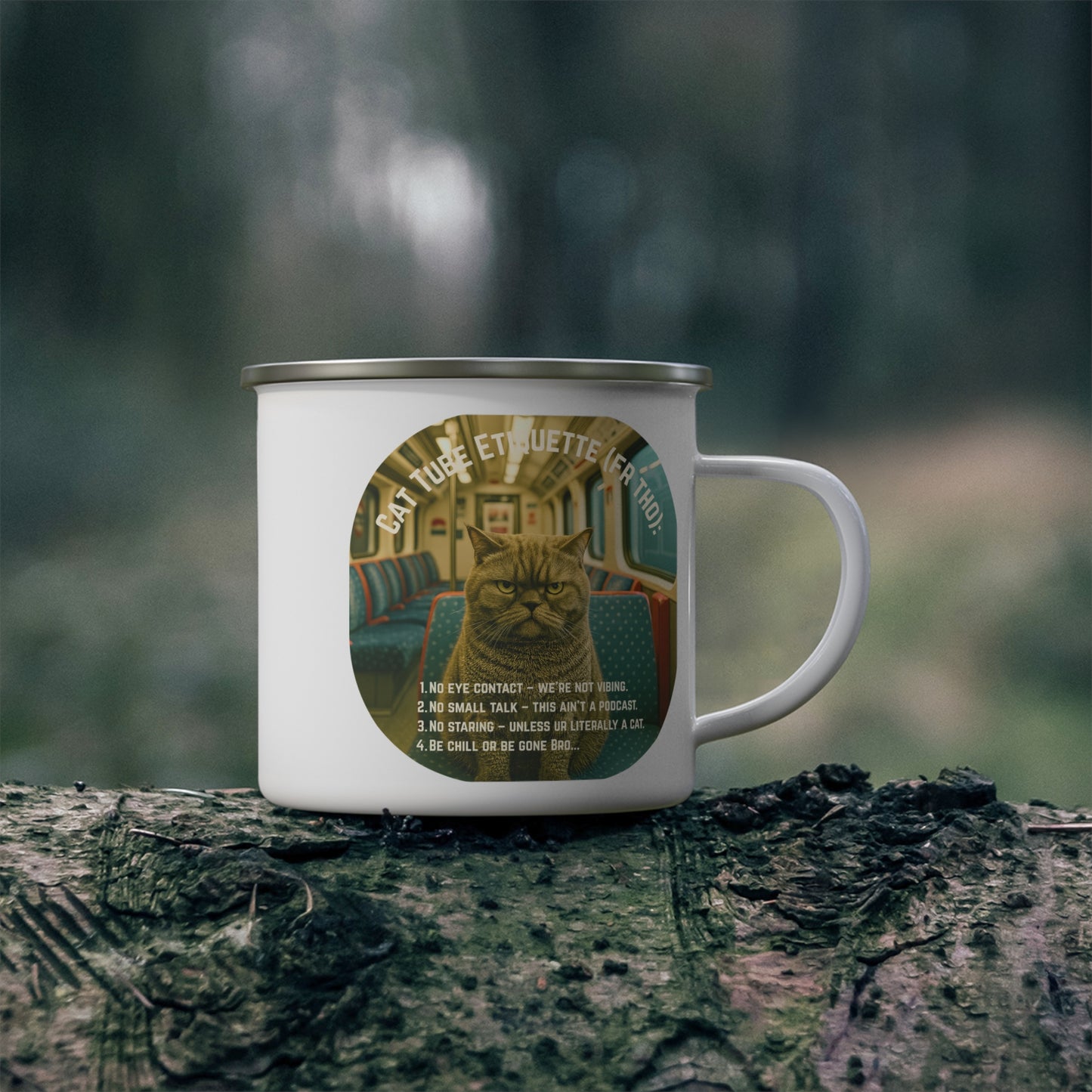 Grumpy Commuter Cat Enamel Mug