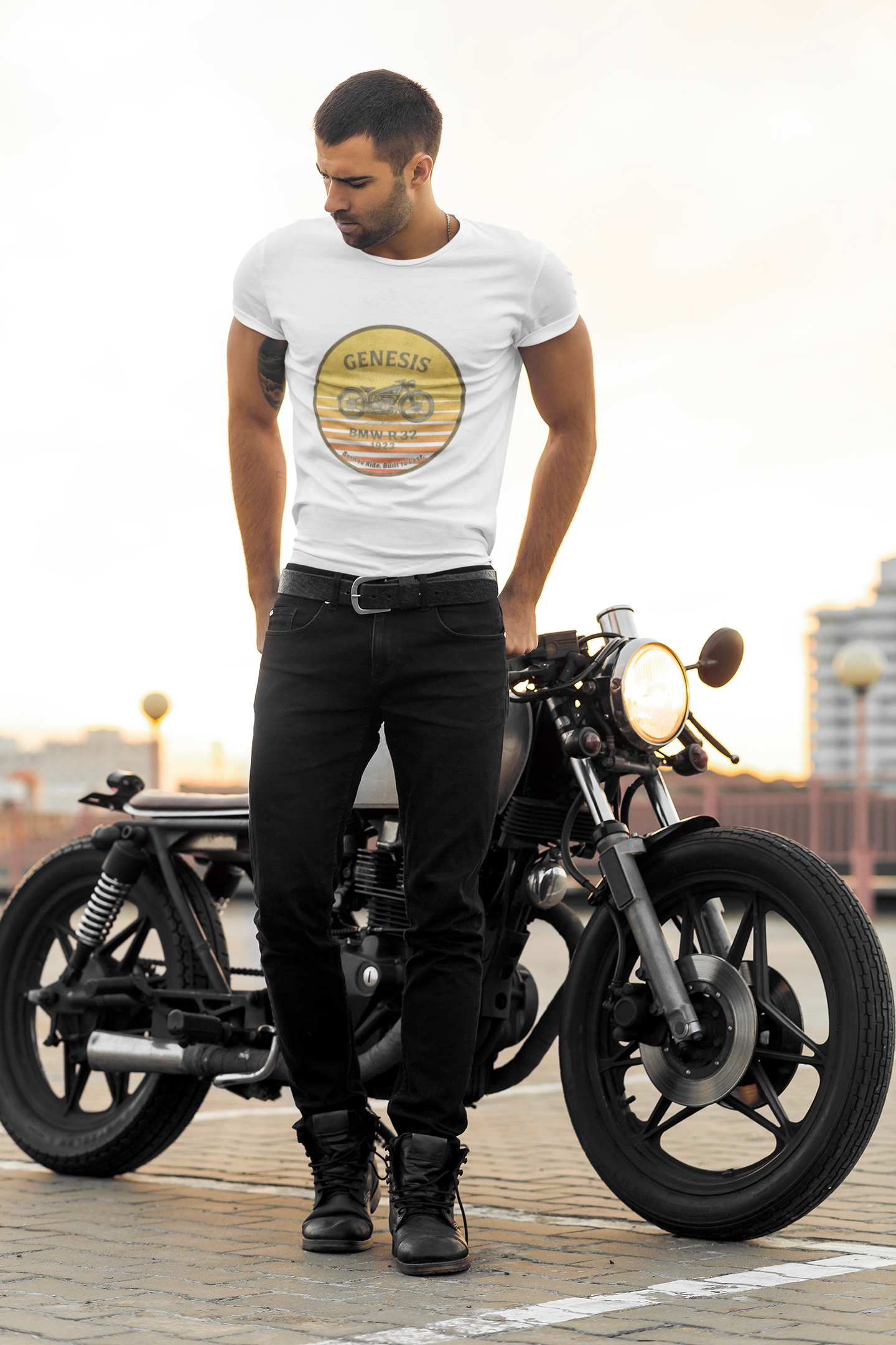 Retro BMW Genesis R32 Motorbike Sunset Unisex T- Shirt Tight Fit